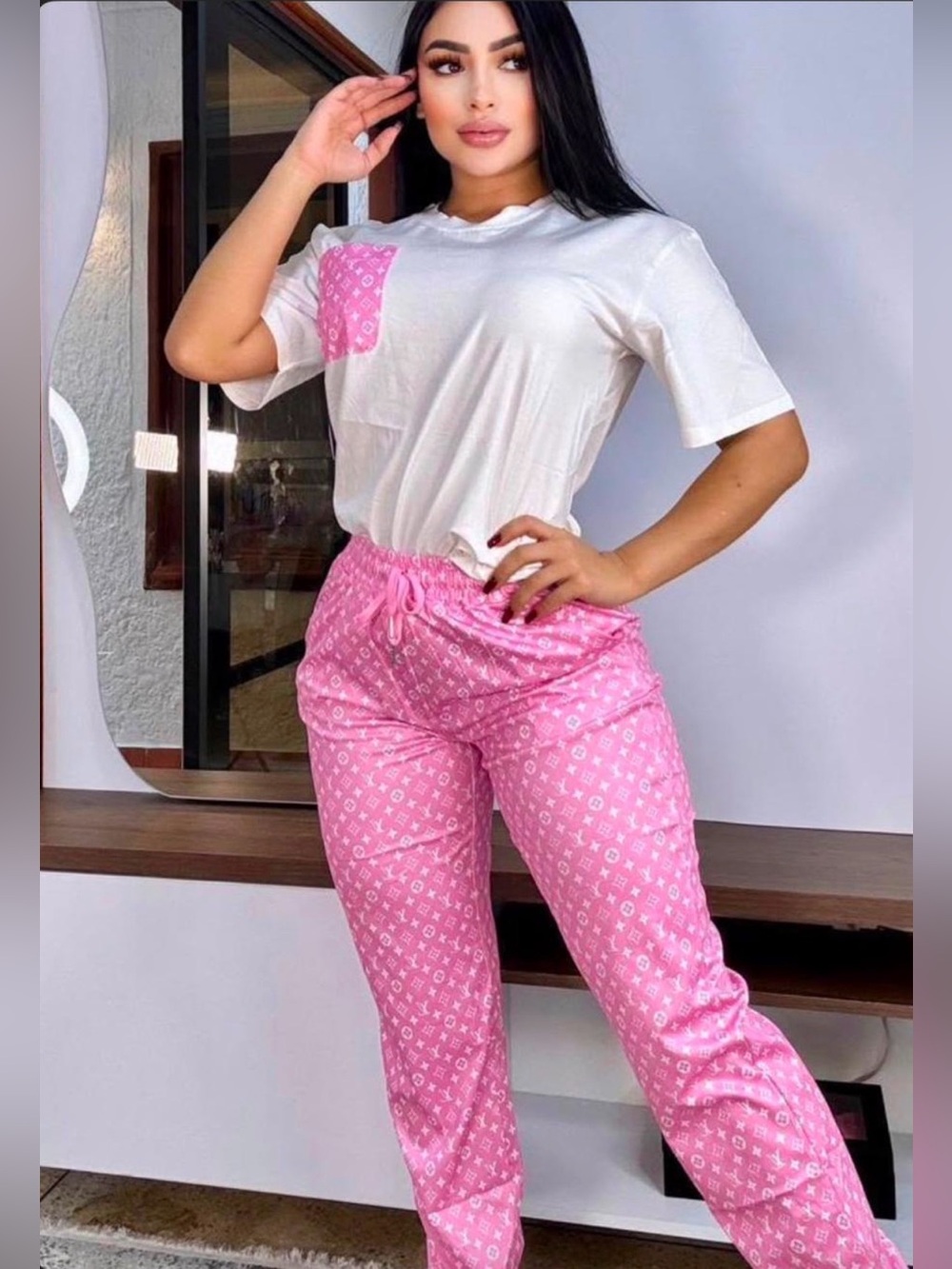 White Short-Sleeve Tee & Pink Patterned Lounge Pants Set size M